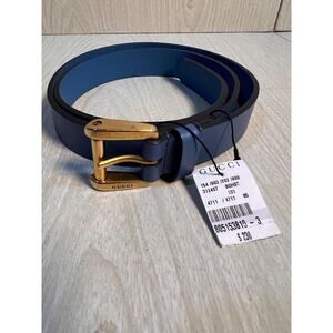 NWT Authentic Gucci Blue Leather Belt with Gold Buckle